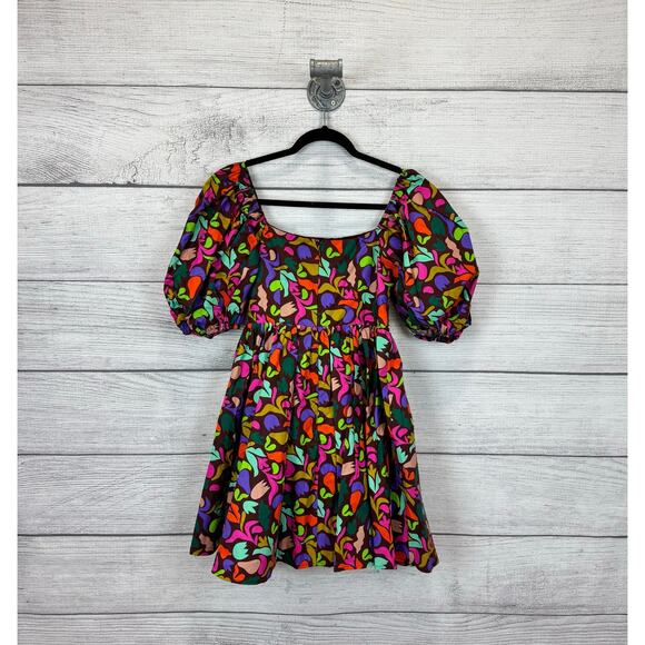 Peach Love Women's Square Neck Puff Sleeve Burgundy Colorful Dress Size Small - Picture 7 of 9